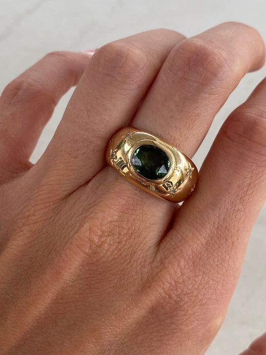 14K Green Tourmaline & Diamond Star Bombe Ring
