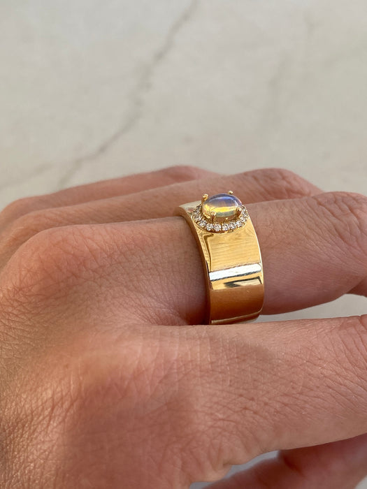 14K Gold Cigar Band Ring | Natural Opal & Diamond Halo