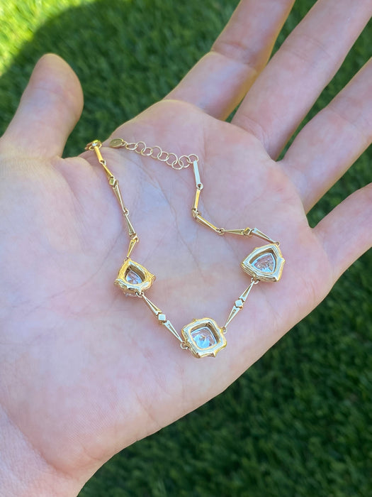 14K Gold Lab Diamond Bamboo Link Bracelet – 3.2 TCW Pear, Cushion & Trillion Diamonds – Adjustable 6–7”