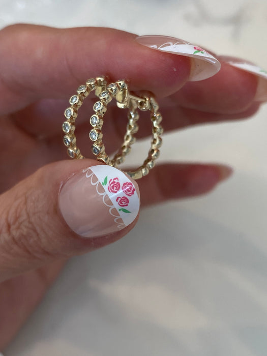 14K Gold Bezel Set Natural Diamond Huggie Hoop Earrings