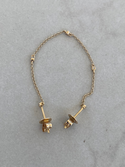 14K Gold Single Bezel Chain Double Piercing Earring