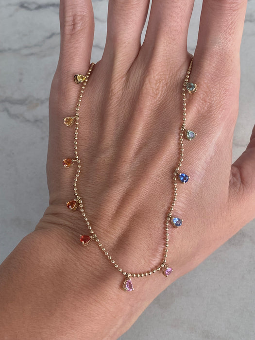 14K Gold Rainbow Pear Sapphire Station Bead Necklace — 2.20 Carats