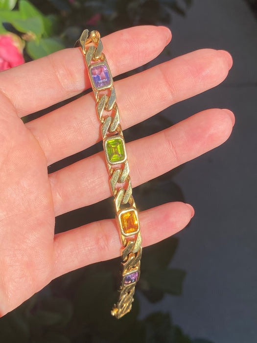 Vintage 14k Solid Gold Rainbow Gemstone Curb Bracelet | Emerald Cut Peridot Amethyst Citrine | 7”