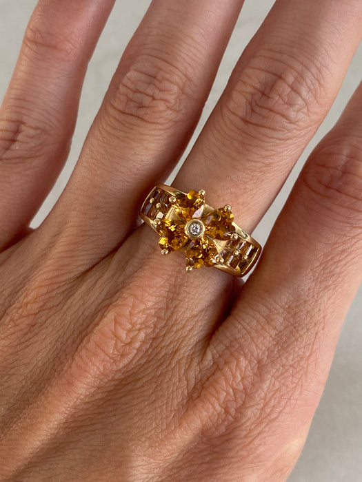 Vintage 14K Gold Citrine Diamond Flower Ring – Size 7