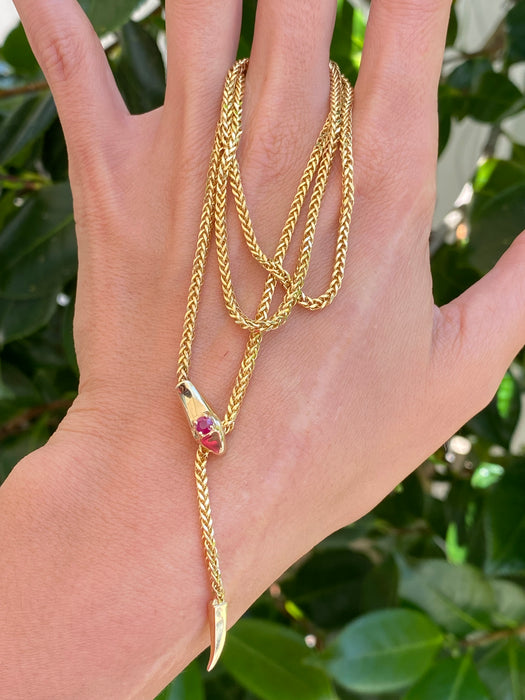 14K Gold Ruby Snake Foxtail Chain Lariat Necklace