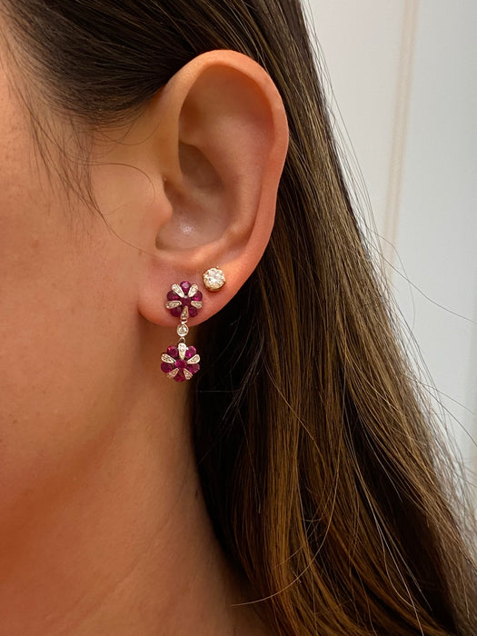 Vintage 18K White Gold Ruby & Diamond Flower Drop Earrings – 1.08 TCW Rubies