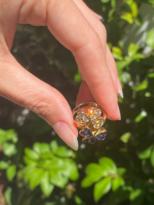 18k diamond blue sapphire clover bypass ring size 5