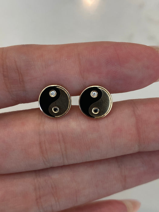 14K Gold Black Enamel Diamond Yin Yang Stud Earrings