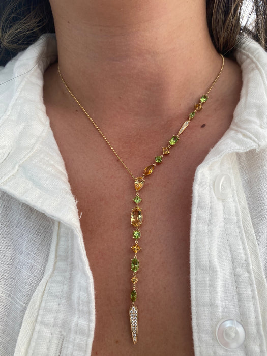 Vintage 18K Gold Peridot & Citrine Lariat Necklace with Diamond Accents