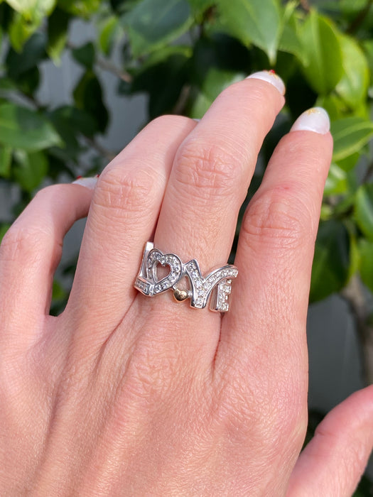 Vintage 18K White Gold Diamond Love Ring with Rose Gold Heart