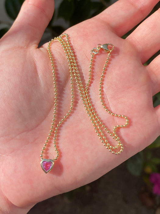 14k bead chain with bezel set pink sapphire heart necklace 18”