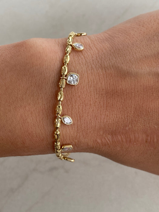 14K Gold Diamond-Cut Bead Bracelet with Lab Diamond Charm Drops