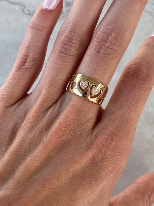 14K Gold Cigar Band Heart Cut Out Diamond Ring
