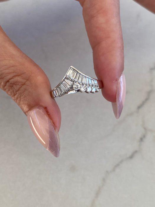Vintage Platinum 900 Baguette & Diamond Chevron Ring