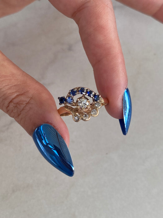 Vintage 14K Gold Blue Sapphire & Diamond Ring – Size 8