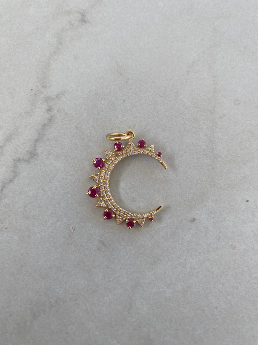 14K Gold Crescent Moon Charm with Ruby & Diamond Accents – 0.89 TCW