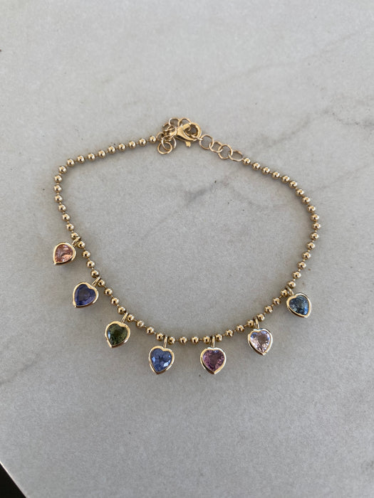 14K Gold Multi-Color Sapphire Heart Bead Bracelet