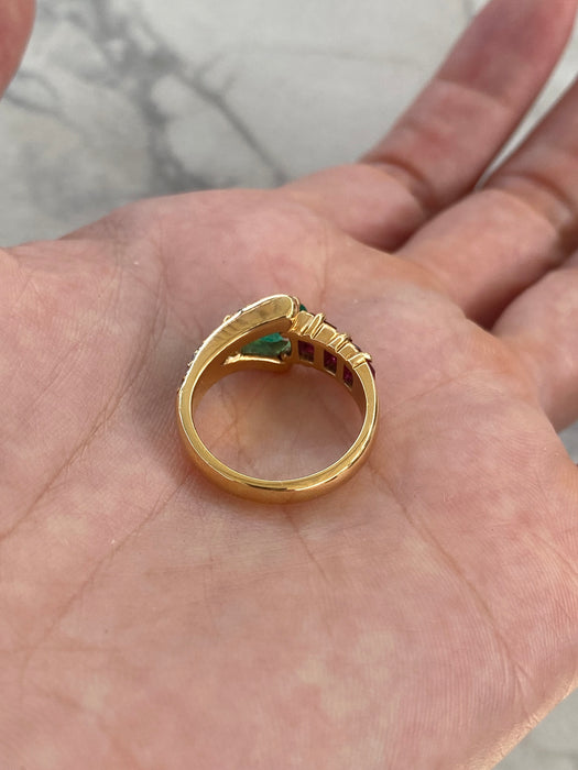 Vintage 18K Emerald, Ruby & Diamond Ring