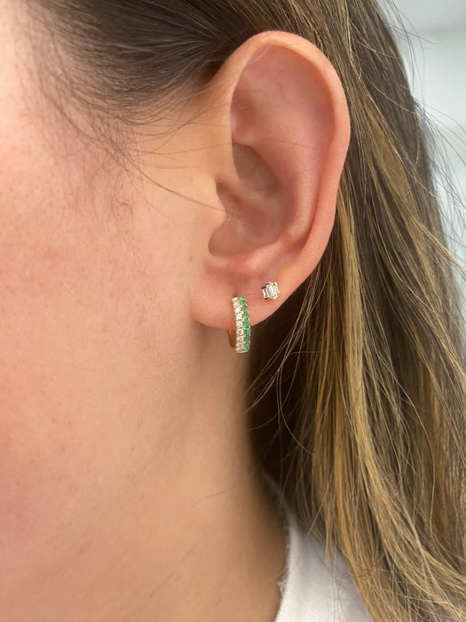 14K Natural Emerald & Diamond Huggie Earrings
