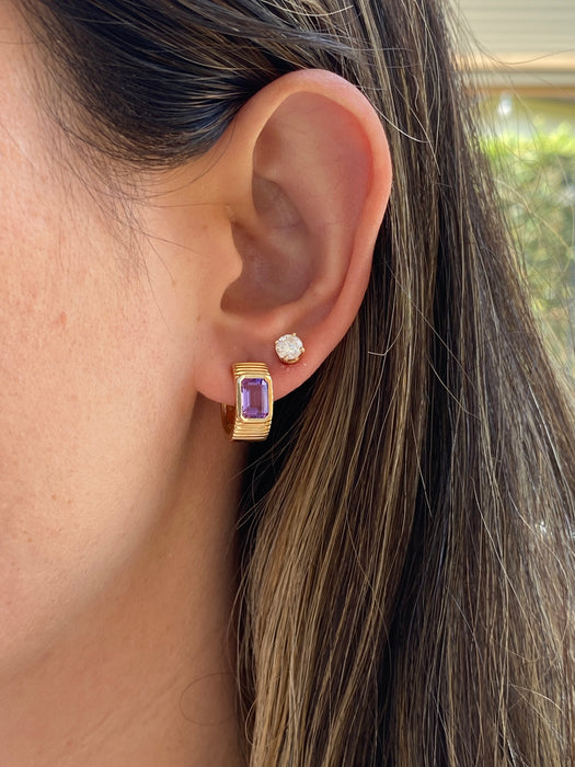 14K Gold Reversible Emerald Cut Amethyst Fluted Huggie Earrings