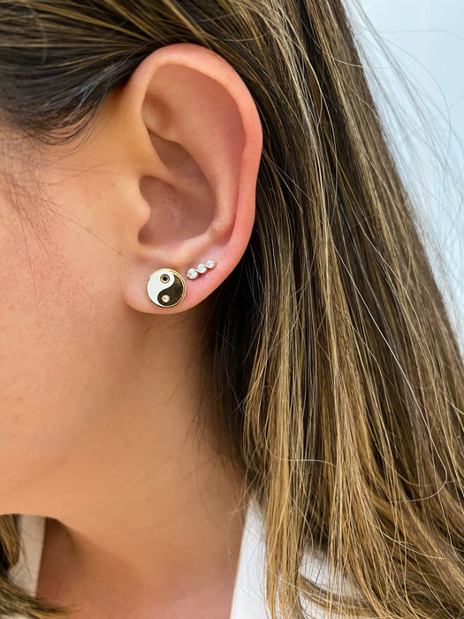 14K Gold White Enamel Yin Yang Diamond Stud Earring