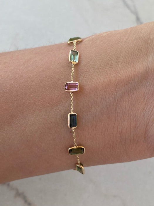 14K Gold Multicolor Tourmaline Station Bracelet