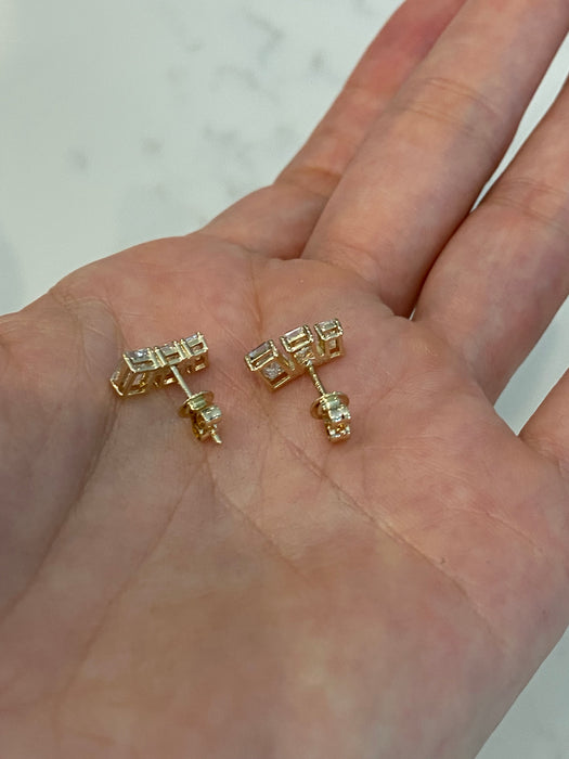 14K Gold Curved Emerald Cut Lab Diamond Stud Earrings – 1.9 CTW