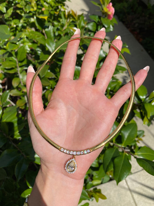 Vintage 18K Gold Diamond Herringbone Necklace 16” – 2.65 TCW Pear Halo Pendant