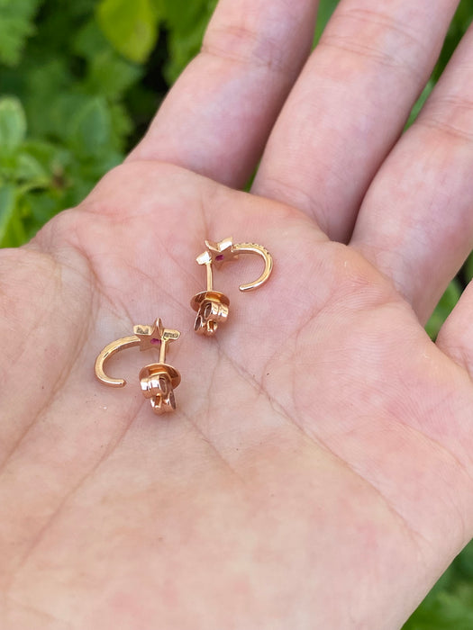 14k Rose Gold Ruby Diamond Star J Huggie Earrings