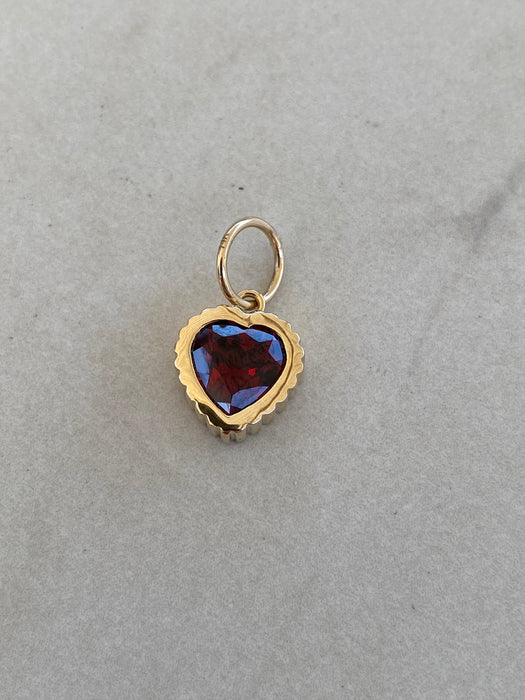 14K Gold Scalloped Garnet Heart Charm
