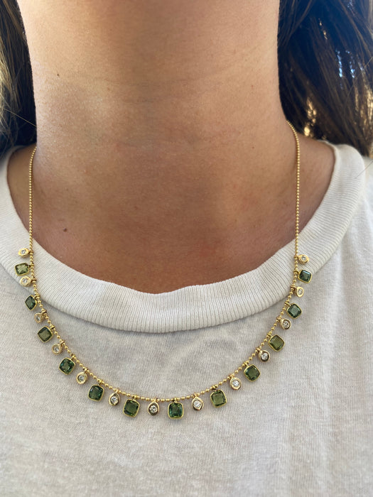 14K Gold Green Sapphire & Diamond Bead Necklace – 4.8 Carat Sapphire & 0.46 CTW Natural Diamond Charms
