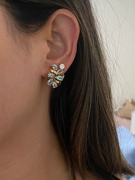 Vintage 14K Gold Blue Topaz & Diamond Cluster Earrings – Omega Back