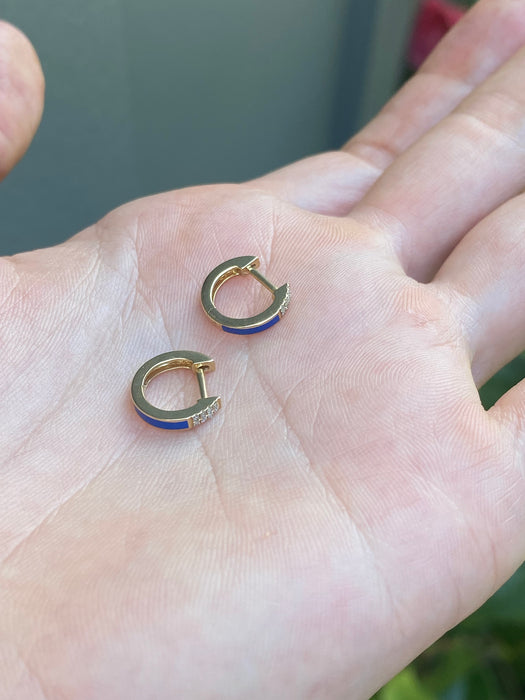 14k blue enamel diamond huggie earrings