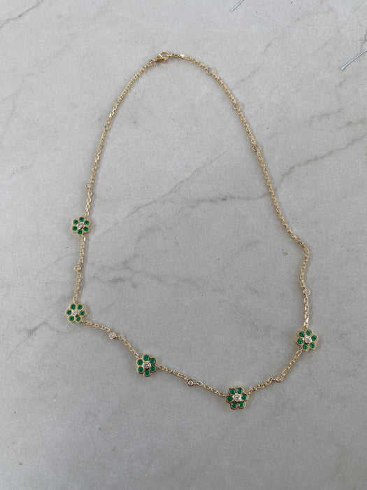 14K Gold Mariner Chain Necklace with Lab Emerald & Diamond Flower Stations