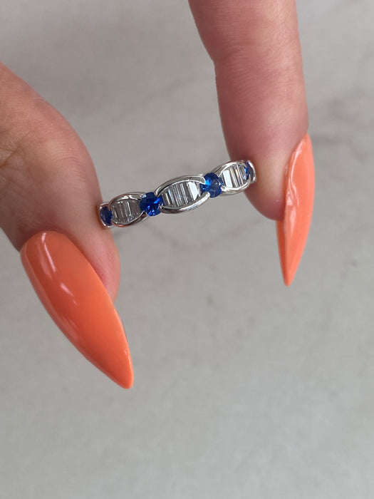 Vintage Platinum 900 Blue Sapphire & Baguette Diamond Band Ring | 0.72 TCW | Size 7.5