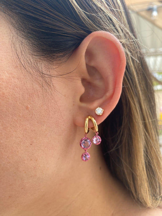14K Gold Double Huggy Amethyst Drop Earrings with Pink Rhodium Accents