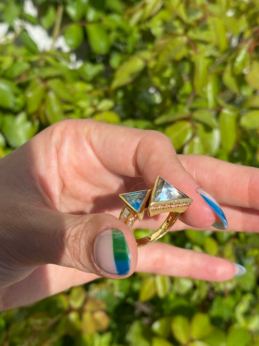 14k diamond aquamarine topaz trillion bypass ring size 6.5