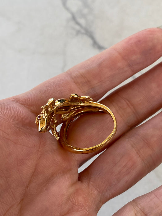 Vintage 18K Gold Diamond & Ruby Lizard Spiral Ring