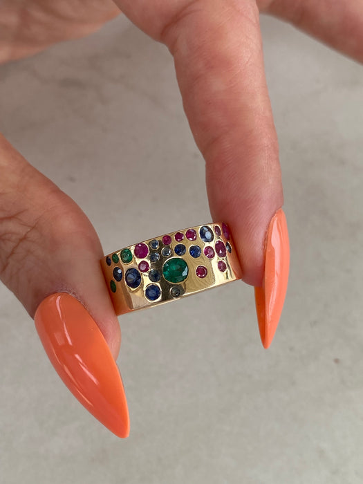14K Gold Ruby, Emerald & Sapphire Cigar Ring Size 6.75