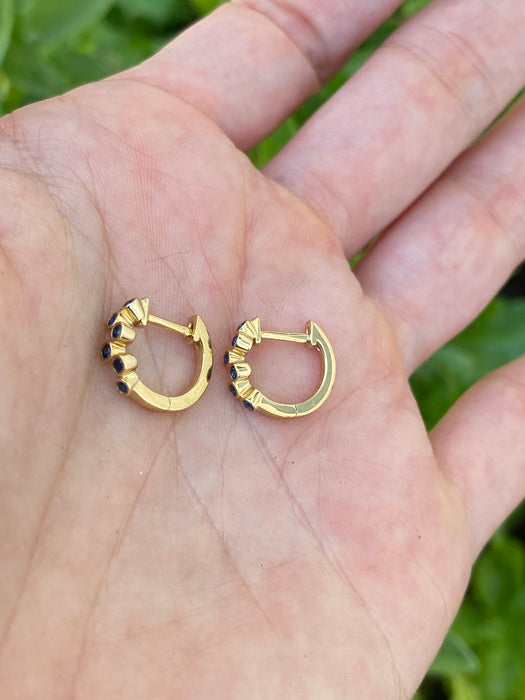 14K Gold Blue Sapphire Bezel Set Huggie Earrings