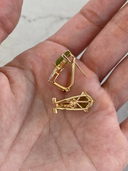 Vintage 14k Gold Peridot and Diamond Omega Back Earrings | Princess Cut Peridot