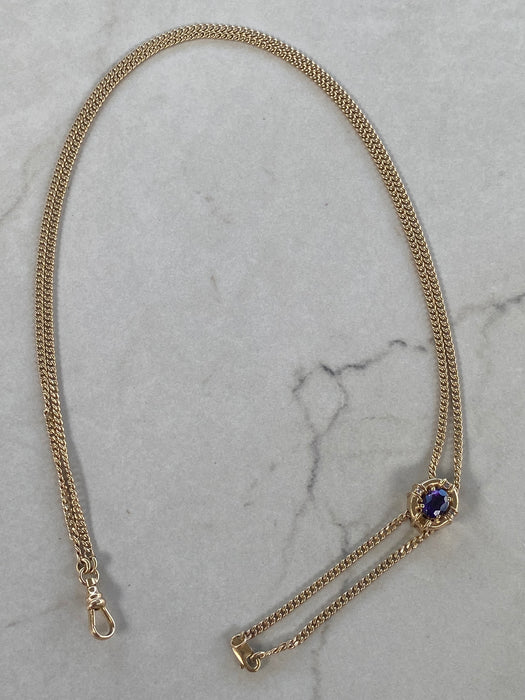 Vintage 14K Gold Long Curb Chain Necklace w/ Sliding Amethyst Diamond Pendant – 33”