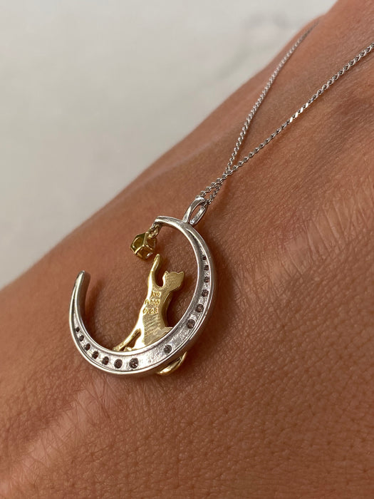 Vintage Platinum 900 & 18K Gold Diamond Crescent Moon & Cat Pendant – 0.23 CTW Natural Diamonds
