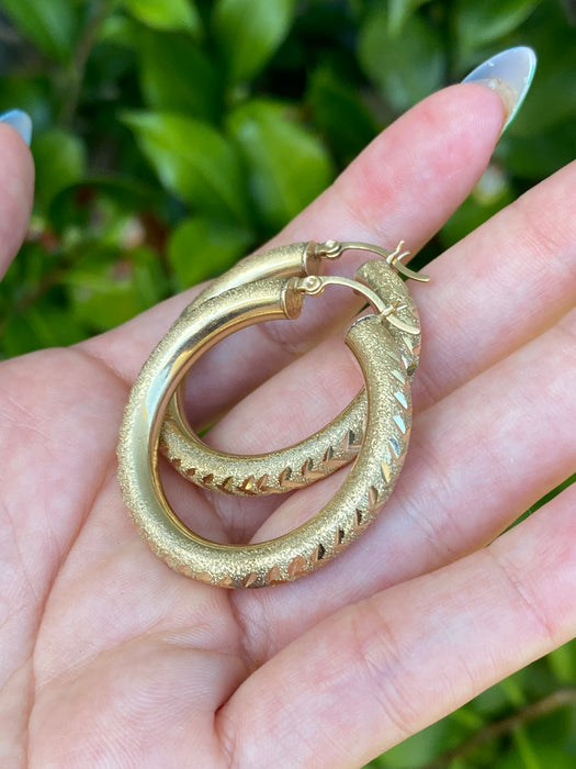 14k diamond cut textured hoop earrings