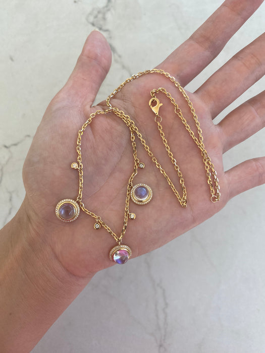 14K Gold Natural Moonstone & Diamond Biker Chain Necklace