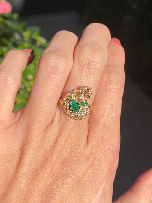 18k diamond emerald ruby swan ring size 5.75