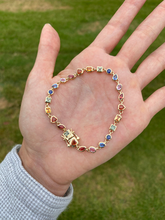 14K Gold Natural Rainbow Multi-Shape Sapphire Tennis Bracelet