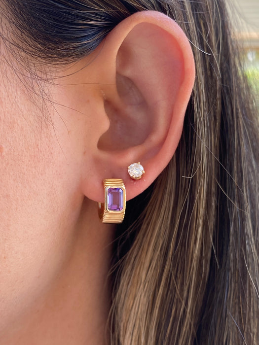14K Gold Reversible Emerald Cut Amethyst Fluted Huggie Earrings