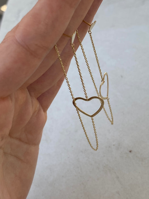 14K Yellow Gold Heart Chain Drop Earrings