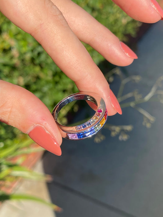 18k white gold rainbow sapphire ring size 7.5